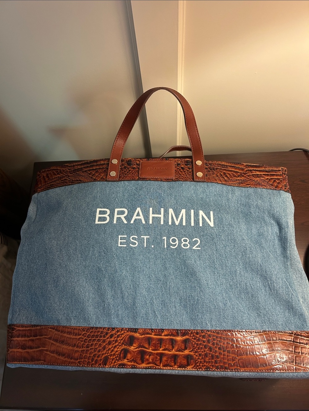 Brahmin Blue Denim and Brown Leather Tote